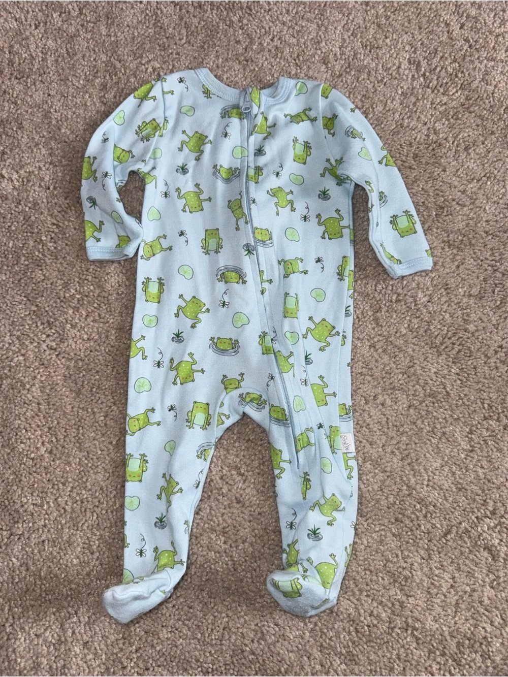 Light Blue Footed One-Piece with Green Frog Print